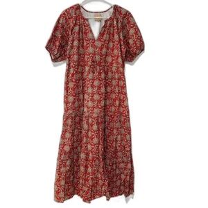 Clara The Label Red & Cream Floral Block Print Puff Sleeve Dress M
